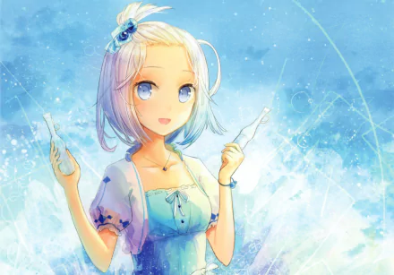Anime-style original character with short white hair and blue eyes, set against a bright, ethereal blue background. HD PC desktop wallpaper and background.
