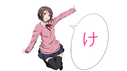 Lisbeth from Sword Art Online appears in this vibrant HD desktop wallpaper, joyfully posing with a playful expression and a speech bubble containing the character け.