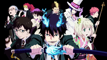 HD PC desktop wallpaper featuring key characters from the anime Blue Exorcist, showcasing dynamic poses and vibrant colors against a dark background.