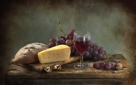 HD PC desktop wallpaper still life: crusty bread, wedge of cheese, walnuts, red wine in a glass and bunches of grapes on a rustic wooden board.