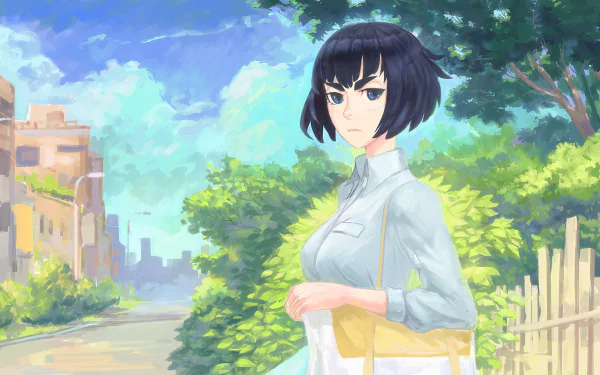 HD anime desktop wallpaper featuring Satsuki Kiryūin from Kill La Kill standing outdoors with a serene sky and lush greenery background.