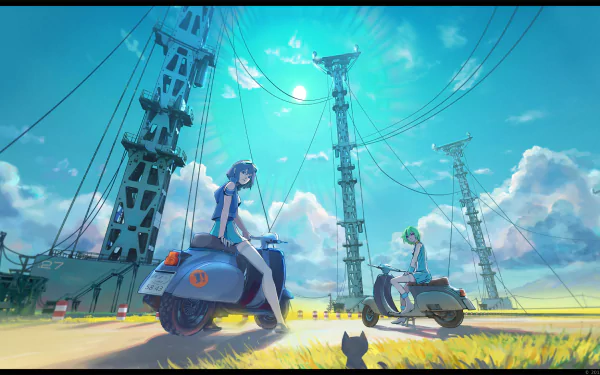 HD anime desktop wallpaper from Eureka Seven featuring two characters on scooters amid tall power poles under a bright blue sky with scattered clouds.