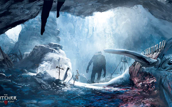 Concept art from The Witcher 3: Wild Hunt featuring a towering troll in a dark cave, surrounded by remnants of a past battle, embodying the fantasy and danger of the game.