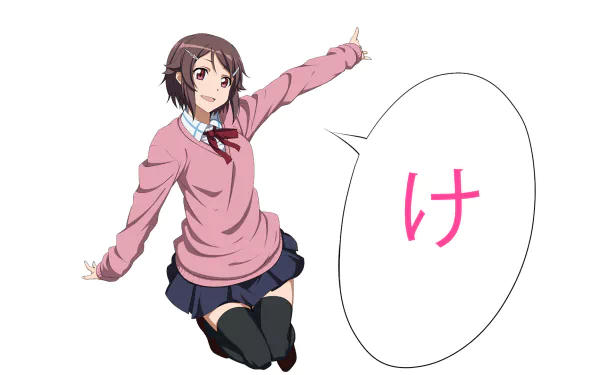 Lisbeth from Sword Art Online appears in this vibrant HD desktop wallpaper, joyfully posing with a playful expression and a speech bubble containing the character け.