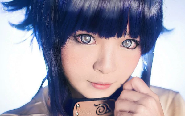 HD desktop wallpaper featuring a close-up of a woman cosplaying Hinata Hyuga from Naruto, showcasing detailed makeup and costume.