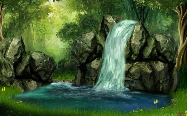 Artistic Forest Waterfall Pond Tree HD Wallpaper | Background Image