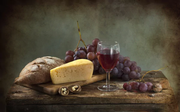 walnut bread cheese wine grapes food still life HD Desktop Wallpaper | Background Image