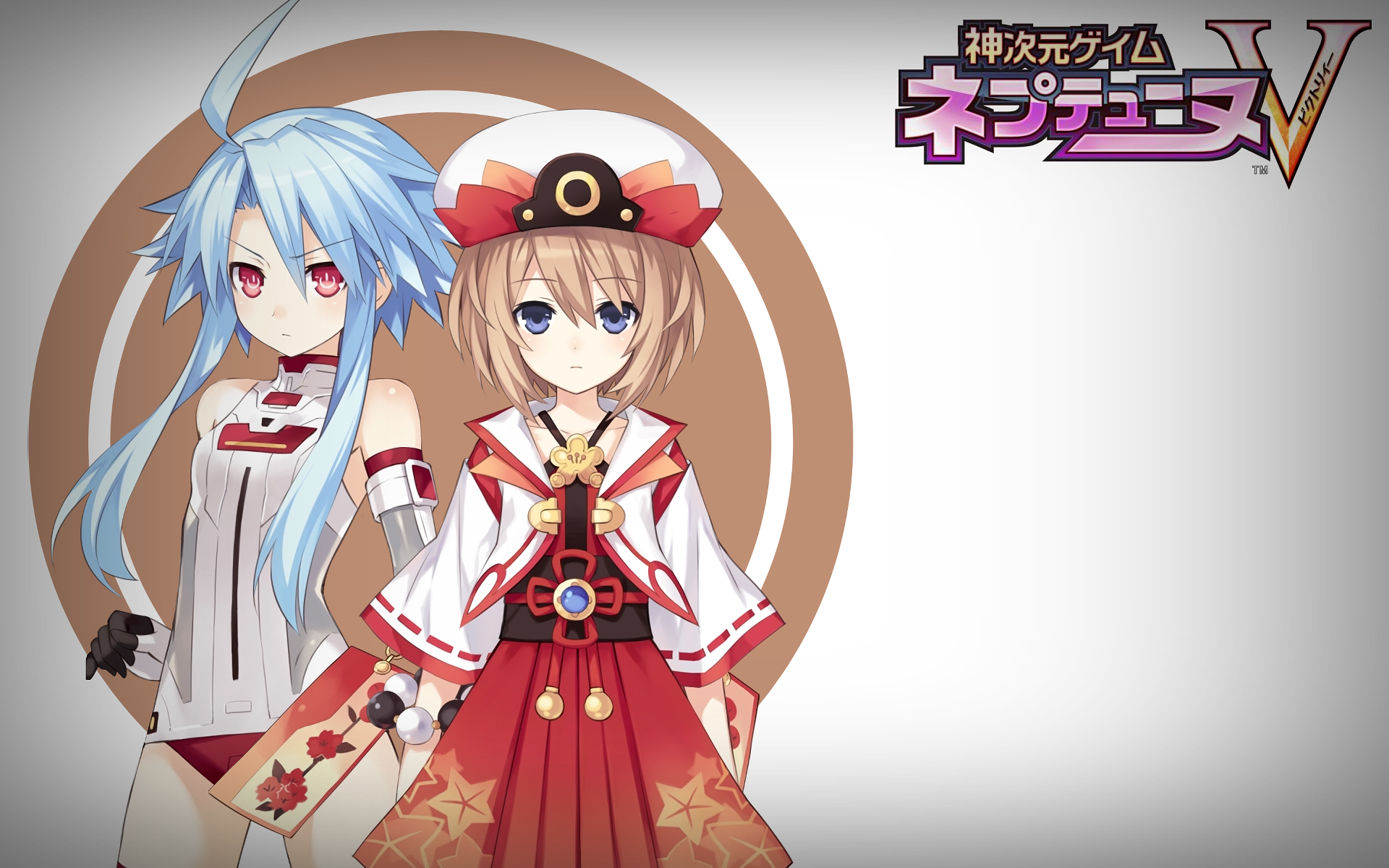 HD PC desktop wallpaper featuring two characters from the video game Hyperdimension Neptunia V against a light background with the game logo.