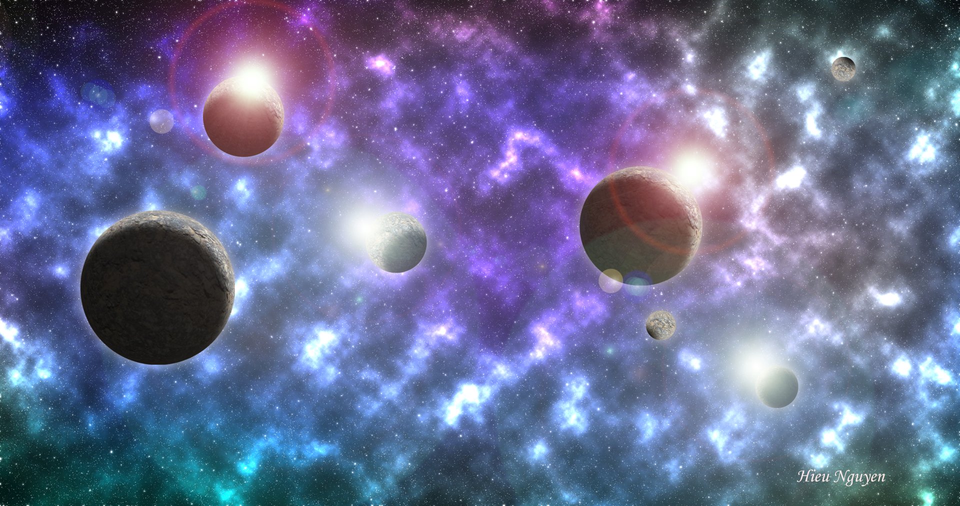 A vibrant 4K Ultra HD Sci-Fi space scene featuring stars, glowing suns, and multiple planets set against a colorful galaxy backdrop.