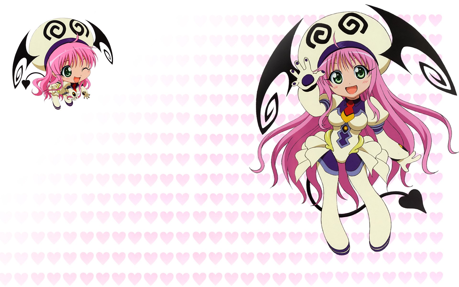 HD PC desktop wallpaper featuring chibi-style Lala Satalin Deviluke from the anime To Love-Ru with pink hearts in the background.
