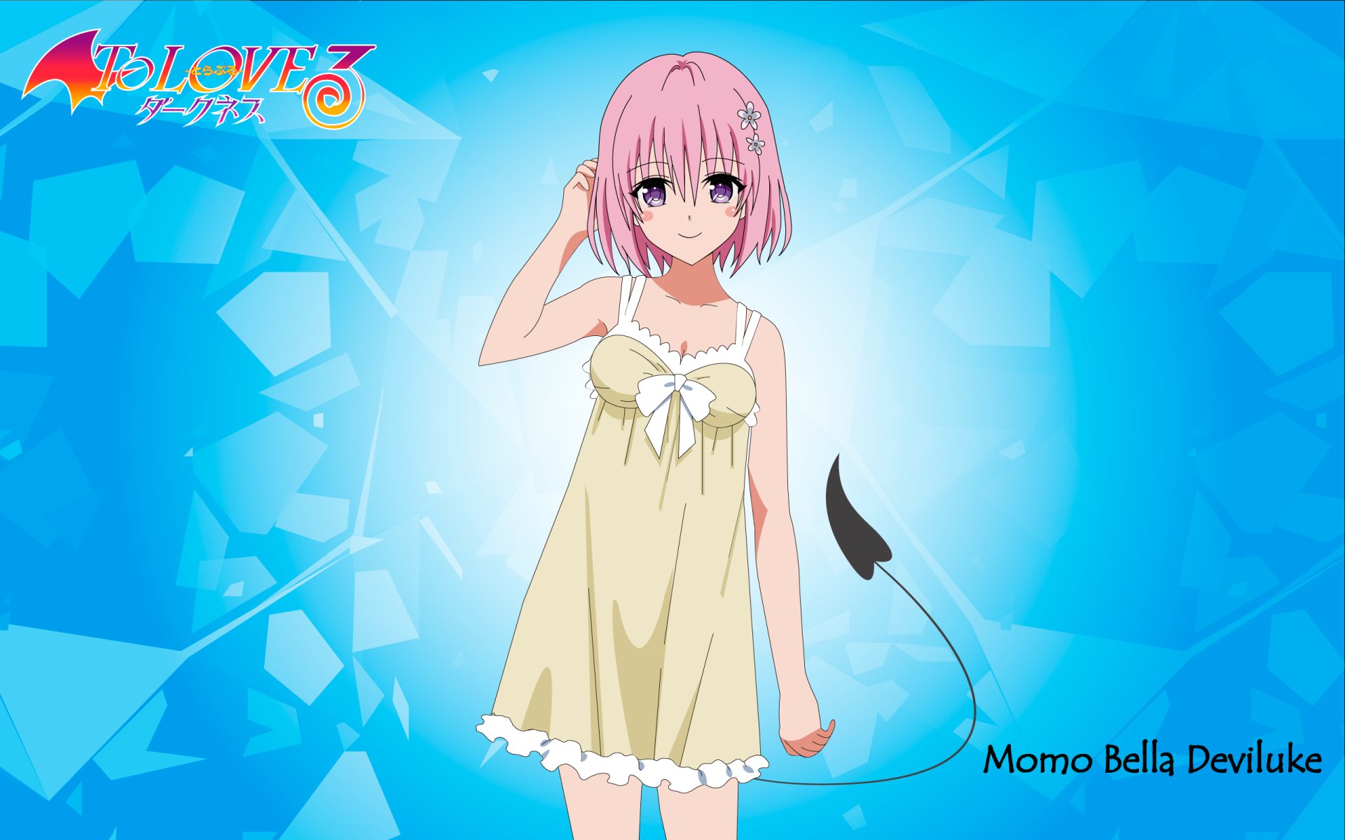 Anime wallpaper featuring Momo Velia Deviluke from *To Love-Ru: Darkness*. She wears a light dress and has pink hair, set against a vibrant blue background.