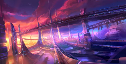 A vibrant futuristic cityscape showcasing sleek architecture, elevated pathways, and vivid colors under a dramatic sky. This HD wallpaper embodies a striking sci-fi aesthetic.