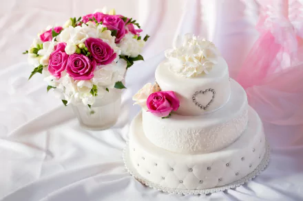 A 4K Ultra HD image of a white wedding cake adorned with pink and white flowers, alongside a matching bouquet, set on a soft pink fabric background.