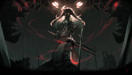 An original HD anime wallpaper featuring a warrior with long hair and a sword, standing in a dark, ominous environment with glowing eyes in the background and a swirling red aura.