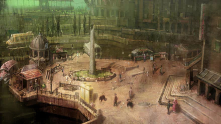 HD PC desktop wallpaper from the video game Gravity Rush: sunlit harbor-side plaza with central obelisk, curved elevated walkways, domed kiosks and small strolling figures.