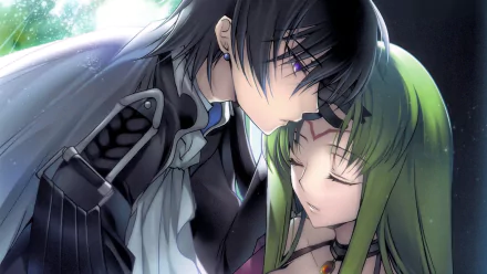 A romantic scene featuring Lelouch Lamperouge and C.C. from Code Geass, set against a mystical background. This HD wallpaper brings the essence of the anime to life.