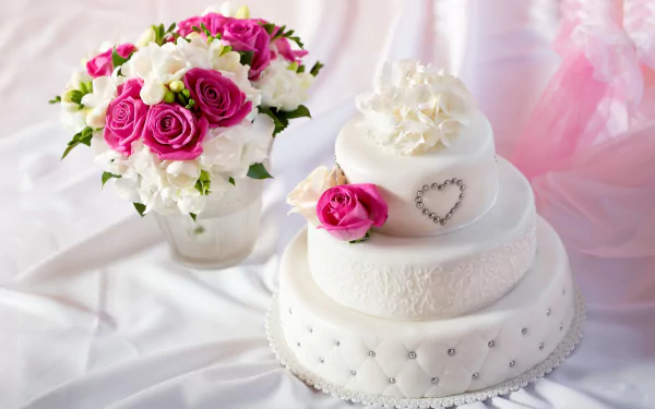 A 4K Ultra HD image of a white wedding cake adorned with pink and white flowers, alongside a matching bouquet, set on a soft pink fabric background.