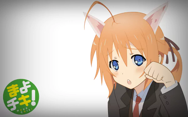 Anime HD PC desktop wallpaper featuring a character from Mayo Chiki! with orange hair, blue eyes, and cat ears in a school uniform against a light background.