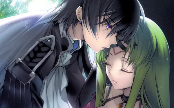 A romantic scene featuring Lelouch Lamperouge and C.C. from Code Geass, set against a mystical background. This HD wallpaper brings the essence of the anime to life.