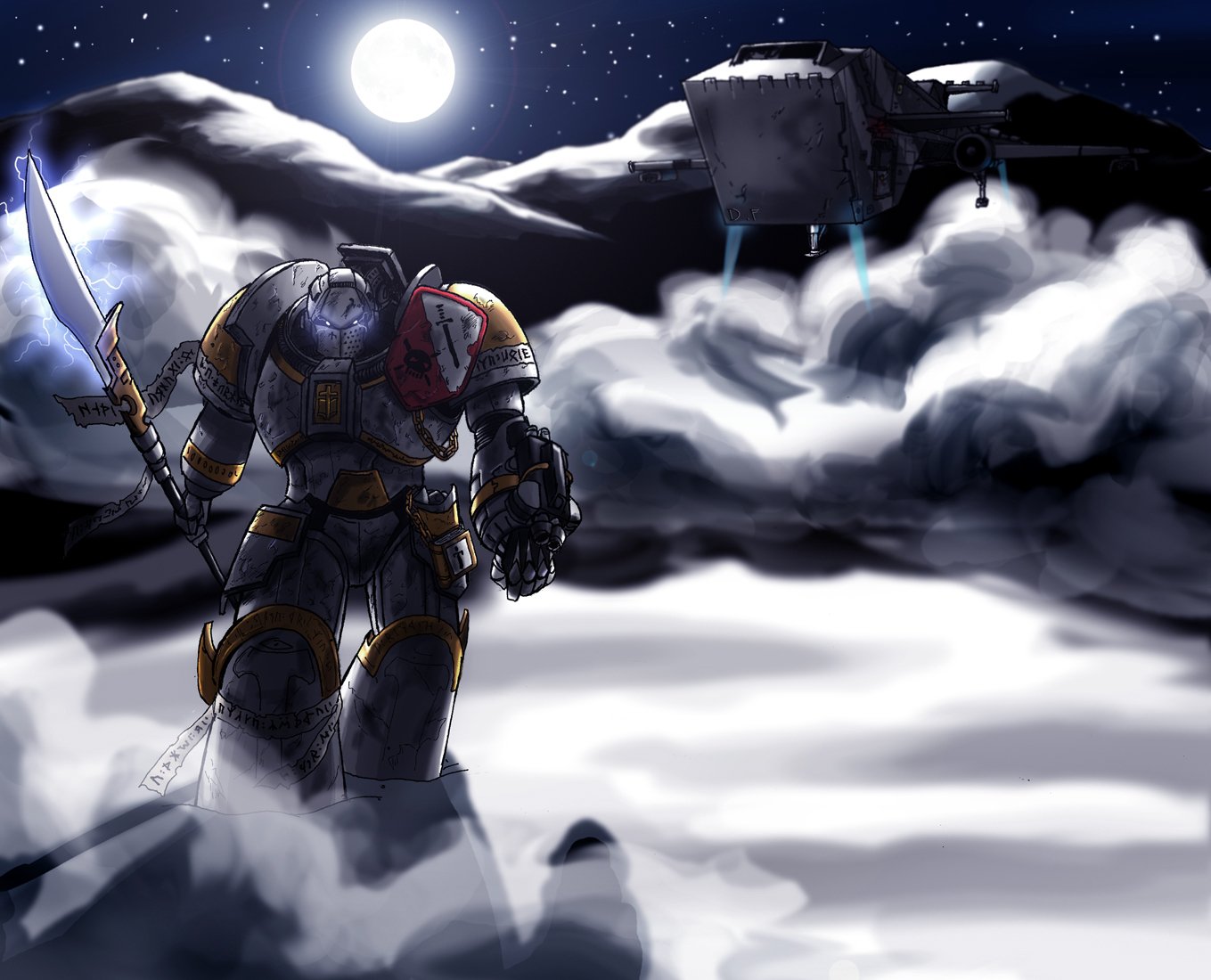 HD PC desktop wallpaper depicting a Warhammer 40k video game scene with a heavily armored space marine standing in misty, dramatic battlefield surroundings.