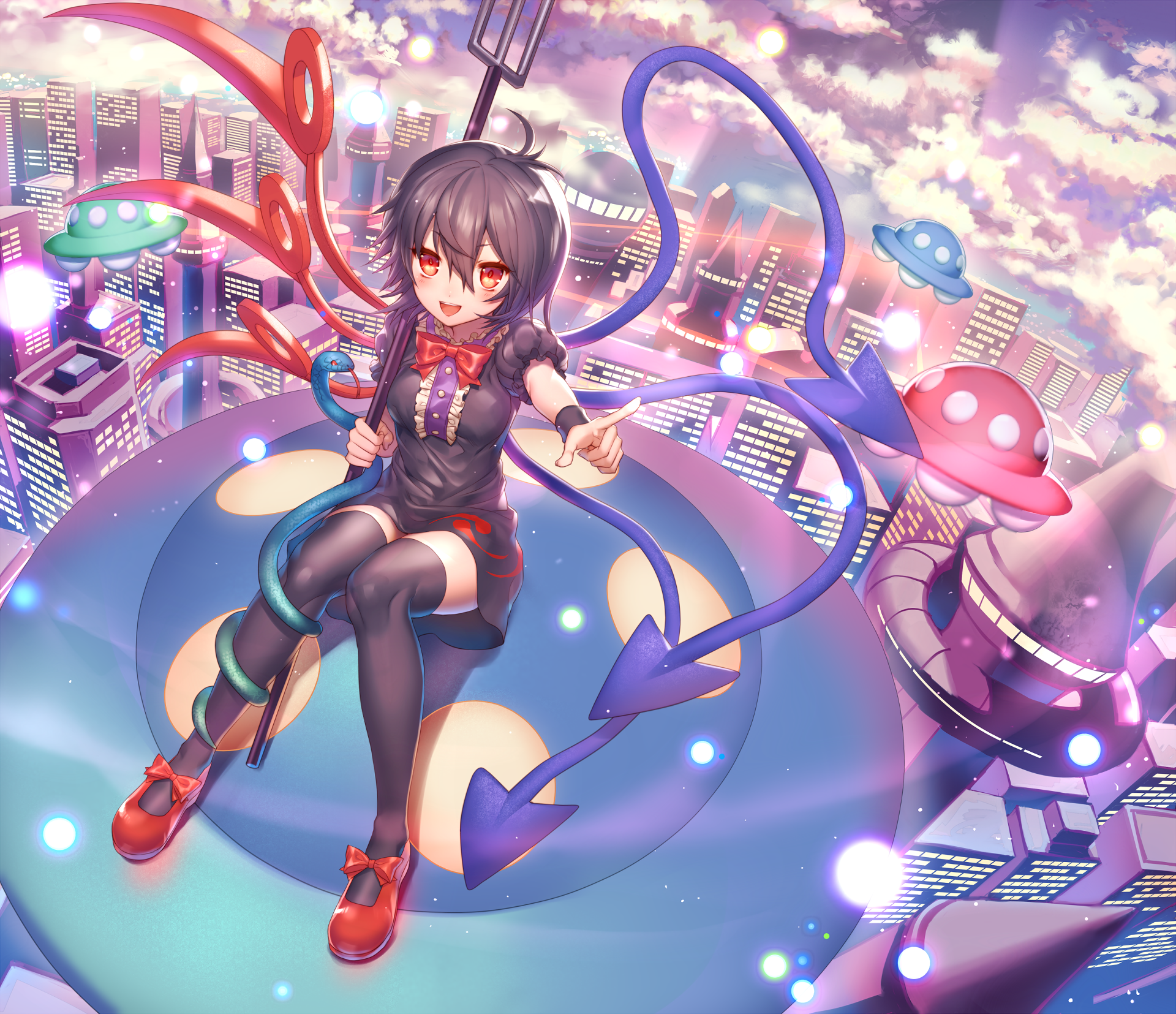 Nue Houjuu (Touhou) anime HD PC desktop wallpaper and background: dark-haired girl with red eyes and ribboned tentacle tails floating above a neon cityscape.