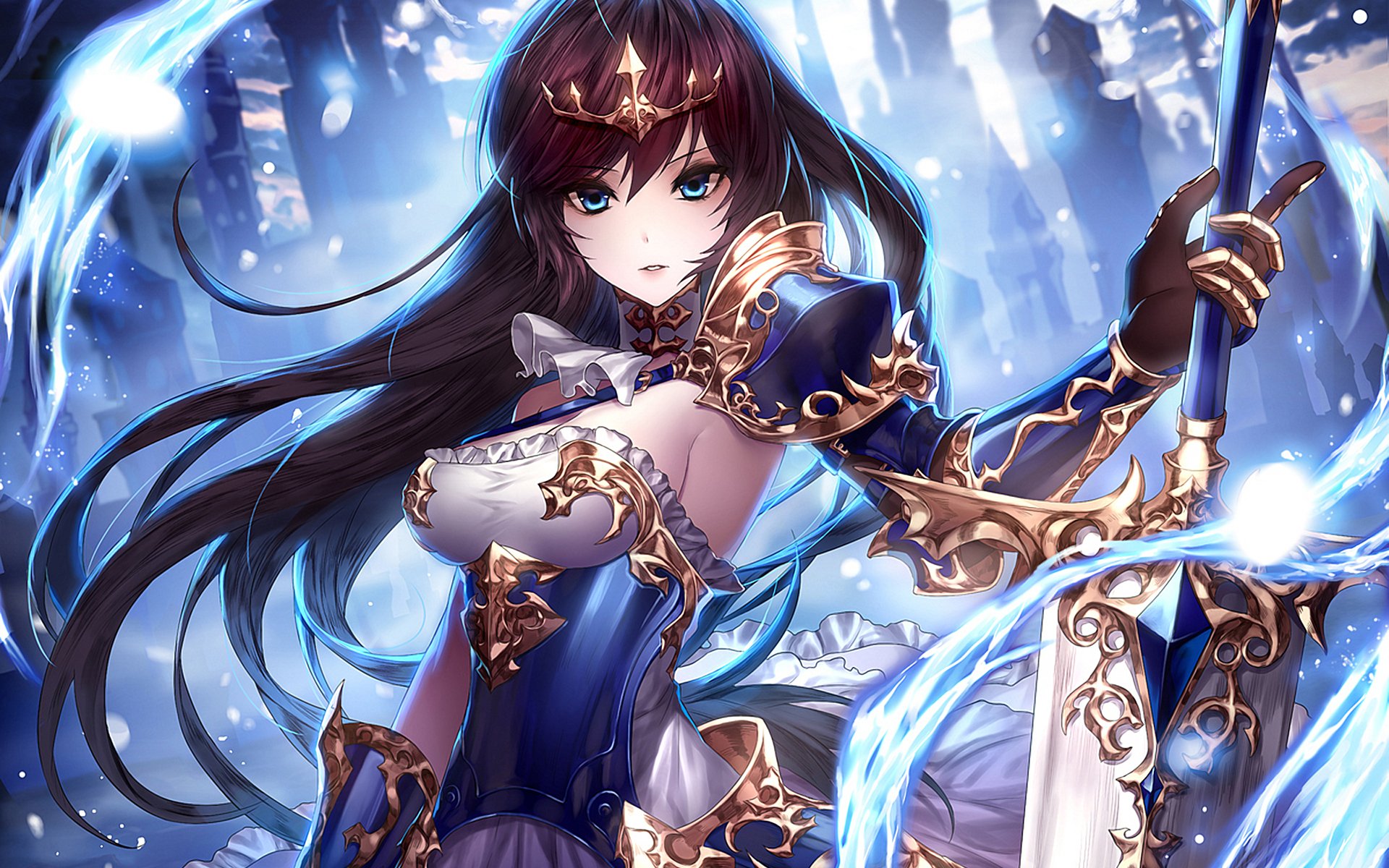 A stunning anime character in intricate armor wields a magical staff, set against a mystical background of swirling blue lights, making for an engaging HD PC desktop wallpaper.