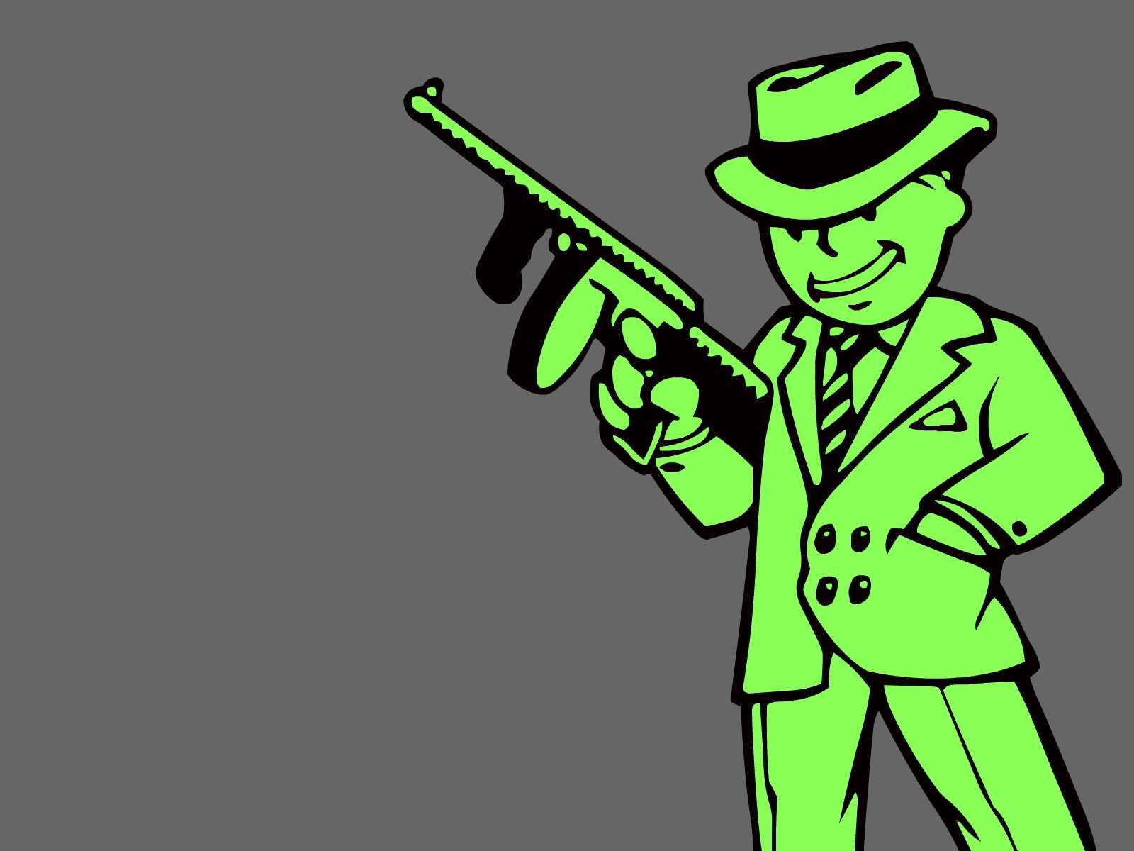 A vibrant green character in a suit holds a gun, set against a gray background, representing the retro-futuristic aesthetic of Fallout 3, a popular video game. 
