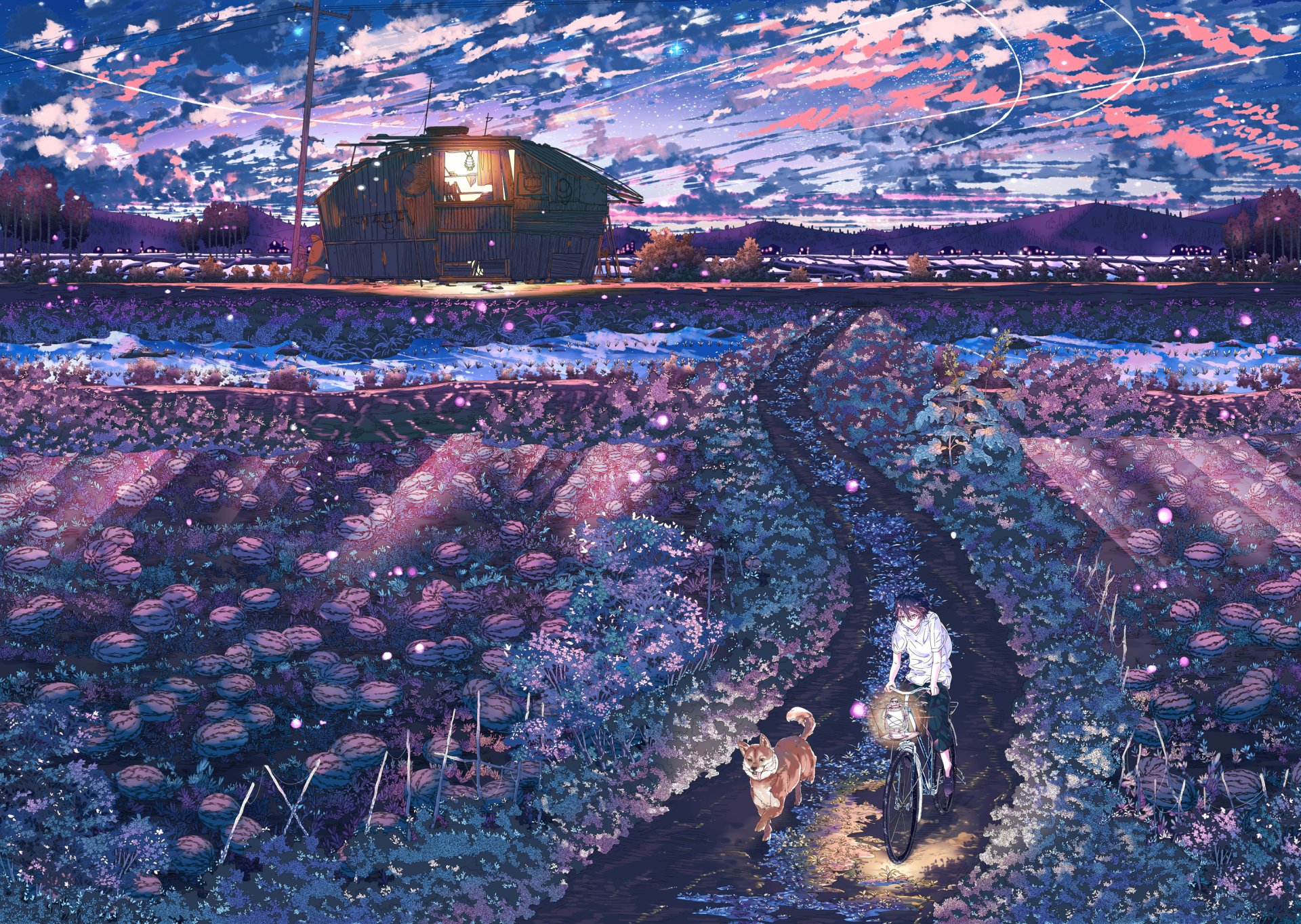 HD anime wallpaper featuring an original, whimsical scene with a dog and a character walking along a path through a vibrant, twilight-lit field towards a distant, illuminated house.
