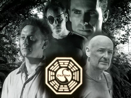 A dramatic black and white HD wallpaper featuring characters from the TV show Lost, centered around the Dharma Initiative logo, evoking the show's mysterious atmosphere.