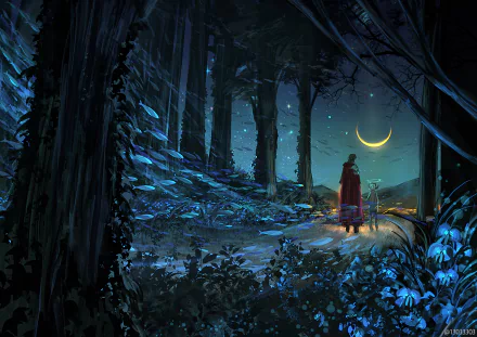 A mysterious figure in a red cloak stands in a serene, moonlit forest, surrounded by vibrant blue foliage and a starry sky, creating an enchanting anime scene for an HD desktop wallpaper.