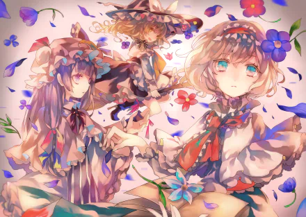 HD anime desktop wallpaper featuring Touhou characters Marisa Kirisame, Alice Margatroid, and Patchouli Knowledge surrounded by colorful flowers and petals.