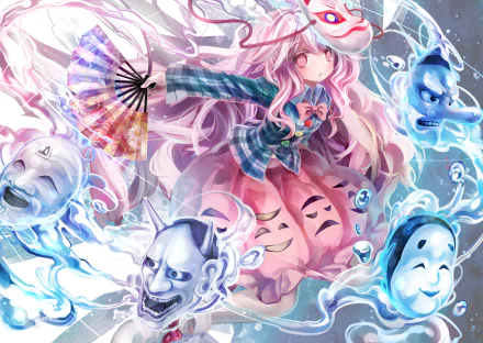HD anime desktop wallpaper featuring Hata no Kokoro from Touhou, surrounded by expressive floating masks and ethereal blue spirits, with vibrant pinks and blues.