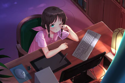 HD desktop wallpaper of Tamaki Honda from the anime Magic of Stella, showing her thoughtfully working at a desk with computer and tablet in a cozy, dimly lit room.
