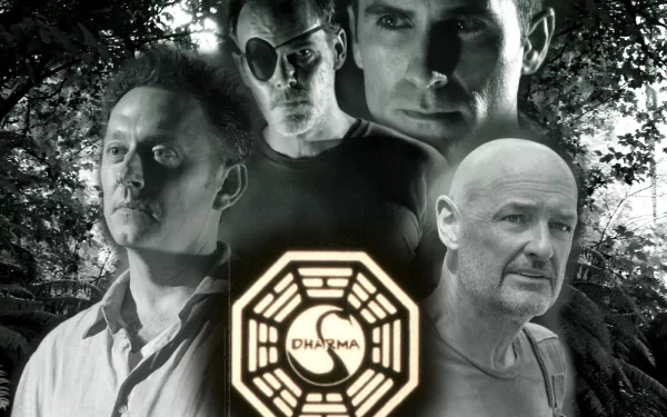 A dramatic black and white HD wallpaper featuring characters from the TV show Lost, centered around the Dharma Initiative logo, evoking the show's mysterious atmosphere.