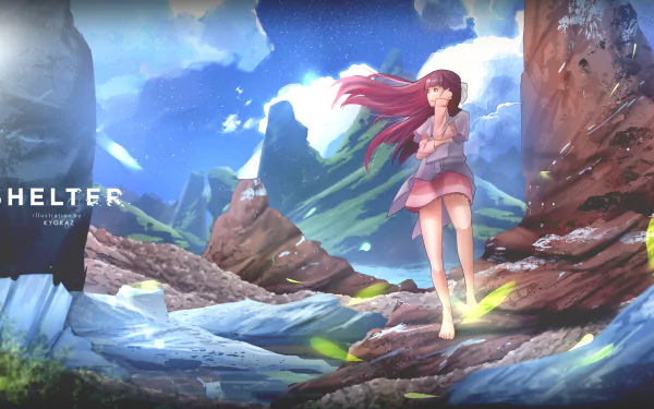 A vibrant anime landscape featuring a girl with flowing red hair standing amidst rocky terrain and ethereal elements, from Rin (Shelter), designed as an HD desktop wallpaper.