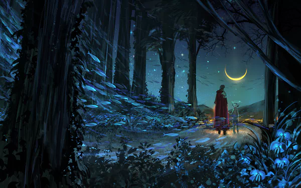 A mysterious figure in a red cloak stands in a serene, moonlit forest, surrounded by vibrant blue foliage and a starry sky, creating an enchanting anime scene for an HD desktop wallpaper.