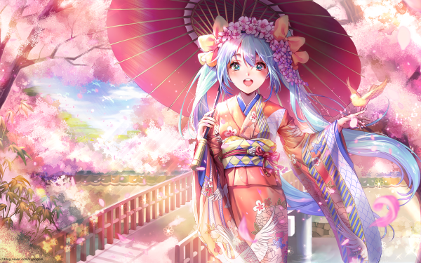 Anime Vocaloid Hatsune Miku Long Hair Kimono HD Wallpaper | Background Image