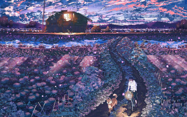 HD anime wallpaper featuring an original, whimsical scene with a dog and a character walking along a path through a vibrant, twilight-lit field towards a distant, illuminated house.