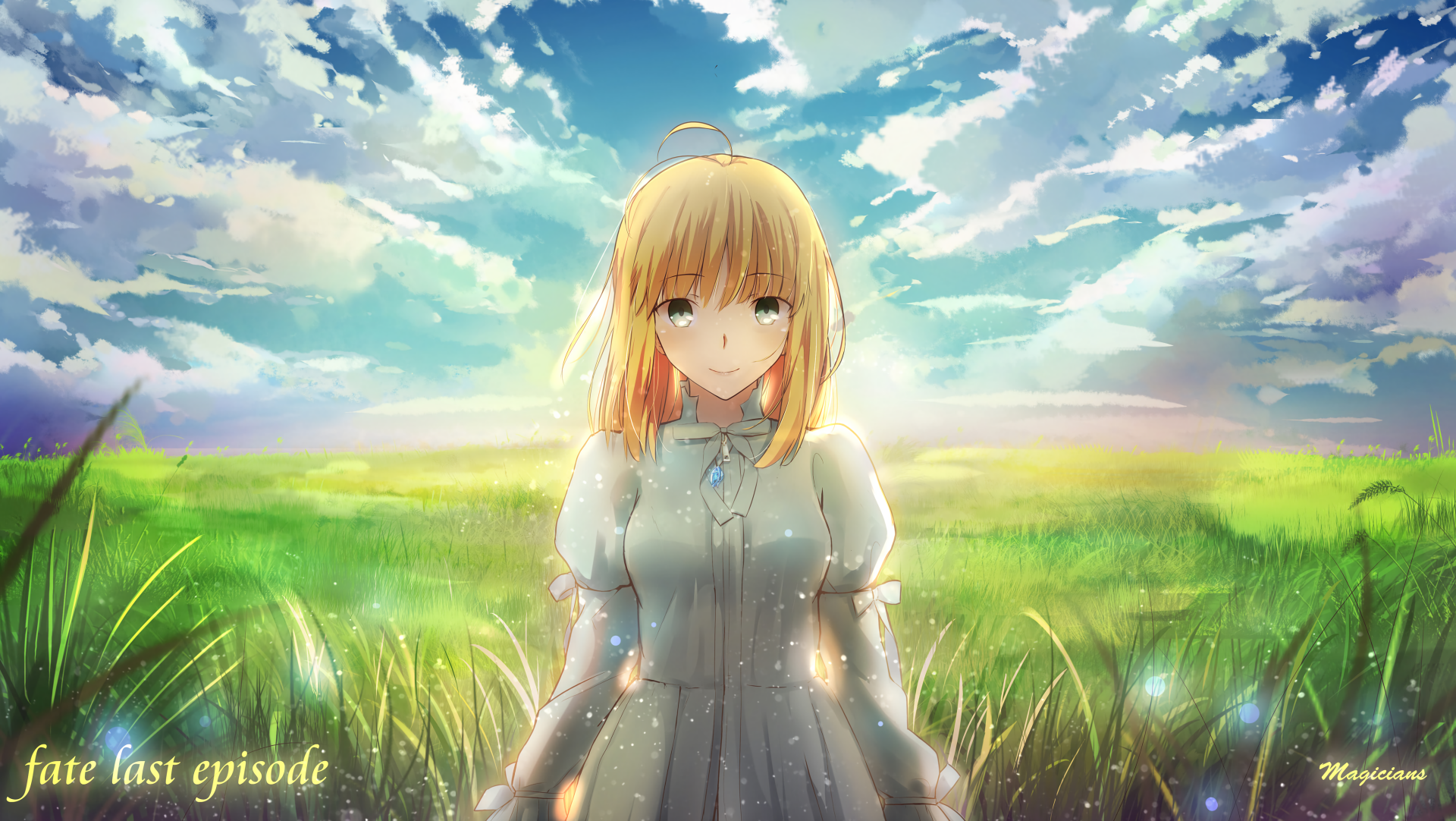 A serene 4K Ultra HD wallpaper featuring Saber from the Fate Series, standing in a sunlit field with vibrant skies, capturing the essence of the anime Fate/Stay Night.