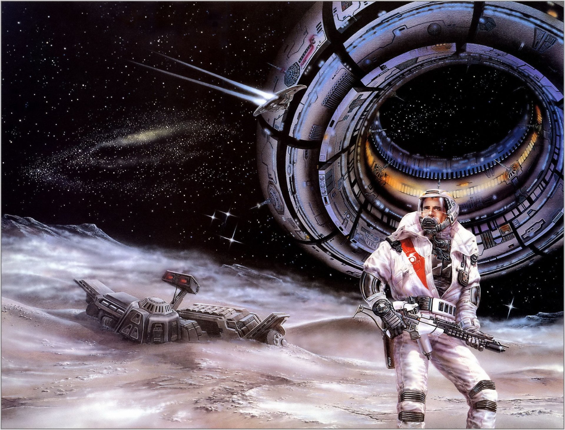 An astronaut stands on a moon-like surface near a futuristic space station and a weapon, with stars and deep space in the background in this HD sci-fi desktop wallpaper.