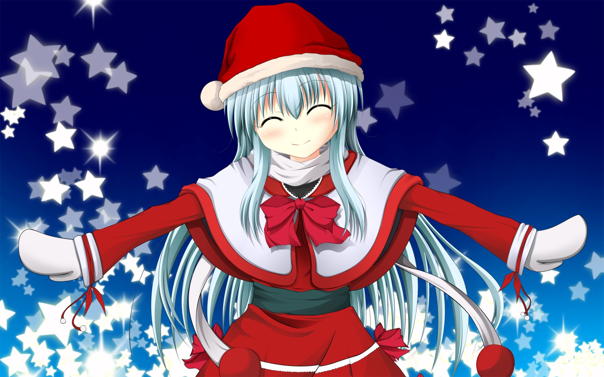 HD PC desktop wallpaper and background — anime Christmas: smiling silver-haired girl in red Santa outfit with scarf and pom-pom bells, arms outstretched against a starry, snowy blue backdrop.