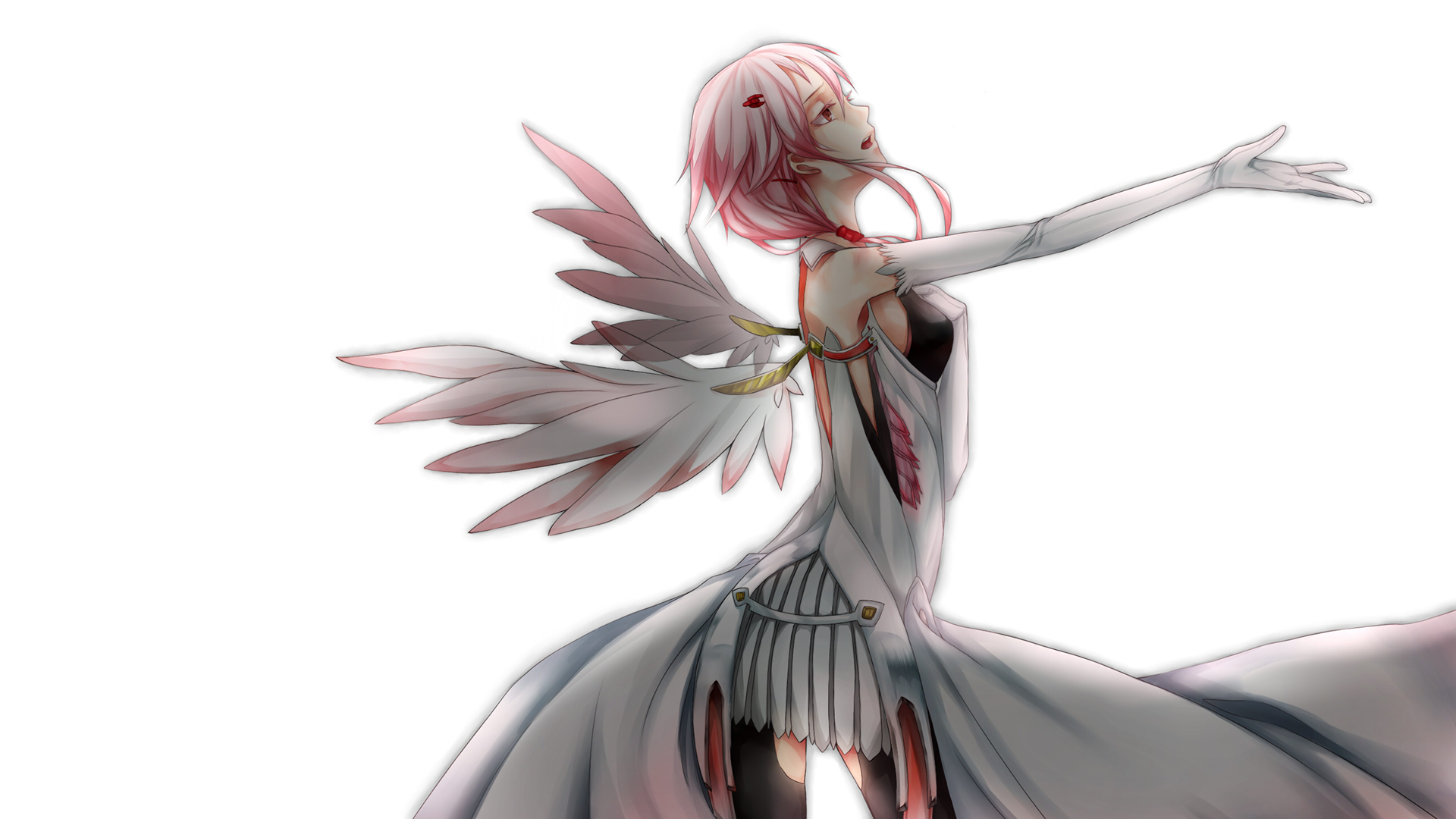 HD anime desktop wallpaper featuring Inori Yuzuriha from Guilty Crown, depicted with ethereal wings and a flowing white dress against a clean background.