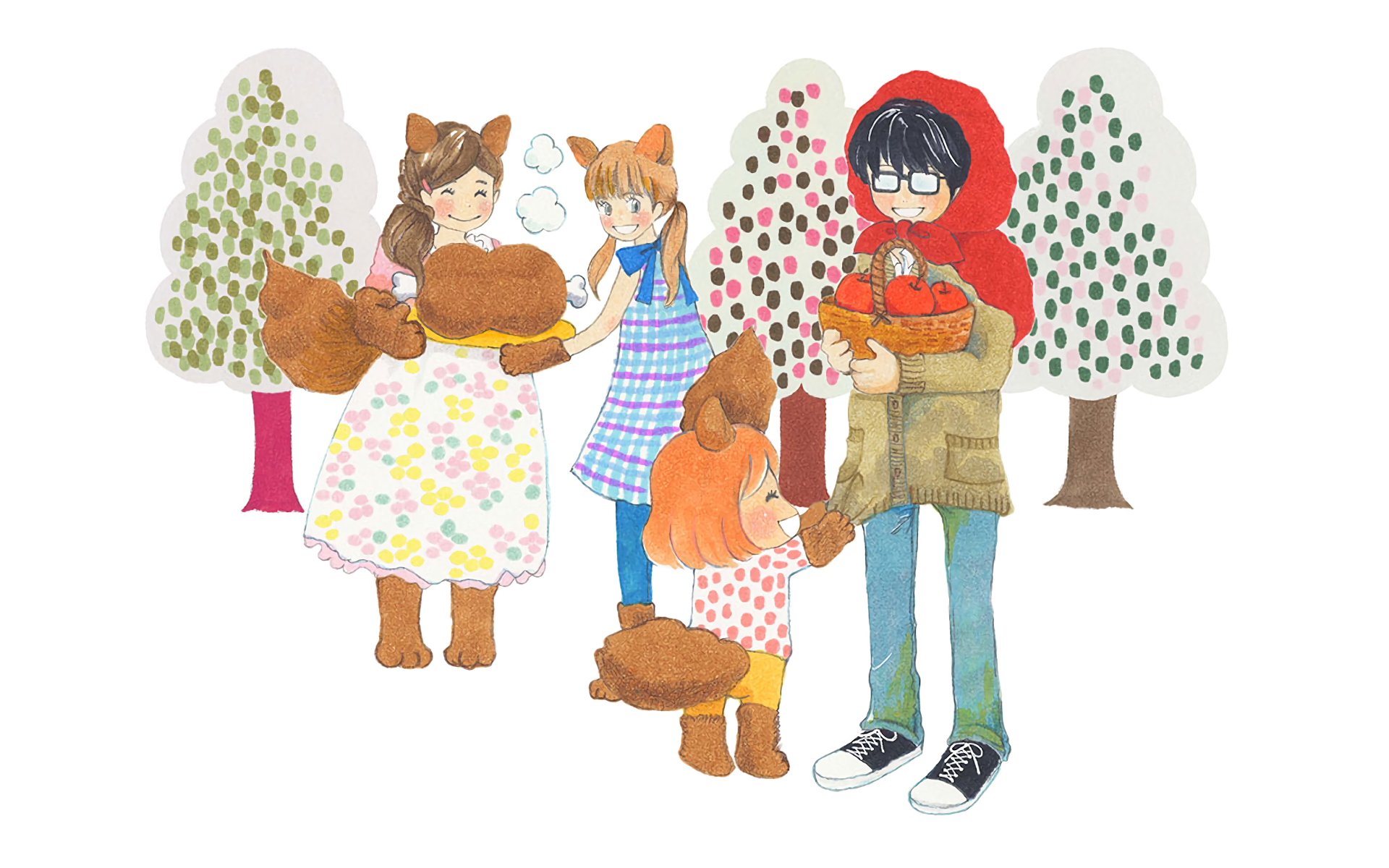 Anime-style HD PC desktop wallpaper from March Comes in Like a Lion, featuring characters with animal ears and tails interacting warmly in a stylized outdoor setting.