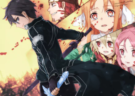 A stunning HD wallpaper from Sword Art Online, featuring a character with a sword in a dramatic pose, surrounded by expressive faces and a vibrant, action-packed background.