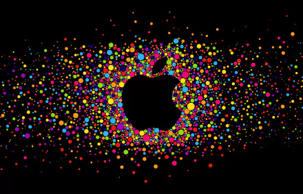 Colorful dots explode outward from a central black Apple Inc. logo on a dark background, creating a vibrant, technology-themed HD desktop wallpaper.