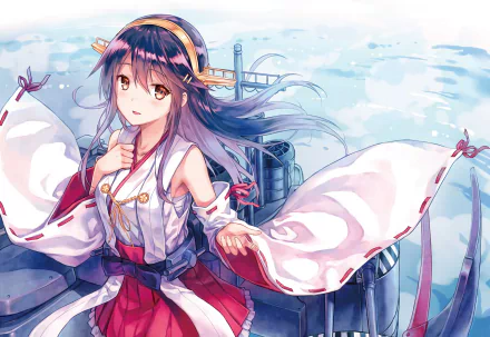 A vibrant HD wallpaper featuring Haruna from Kantai Collection, showcasing her in a graceful pose against a serene ocean backdrop, capturing the spirit of anime art.