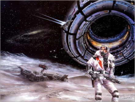 An astronaut stands on a moon-like surface near a futuristic space station and a weapon, with stars and deep space in the background in this HD sci-fi desktop wallpaper.