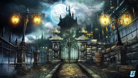 A fantastical night scene featuring a moonlit castle in the background, illuminated lanterns flanking an ornate gate, creating an enchanting holiday atmosphere.