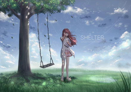 A serene HD anime wallpaper featuring Rin from Shelter, standing by a swing under a tree, with a vibrant sky and gentle breeze, creating a tranquil, dreamlike atmosphere.
