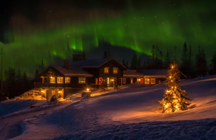 A winter night scene with a snow-covered house and lit tree under the vibrant green aurora borealis in the sky, captured in HD PC desktop wallpaper photography.
